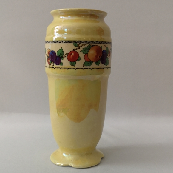 Vintage Lancaster & Sons England Lusterware Yellow Vase Fruit & Flowers, 7" Tall - Picture 1 of 7